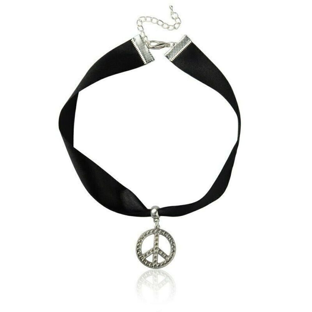 Black Satin Ribbon and Silver Peace Sign Adjustable Punk Goth Choker Necklace